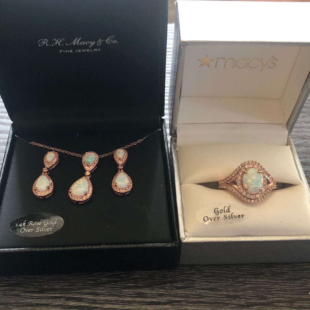 Rose Gold Opal Ring WITH Necklace and Earrings Set